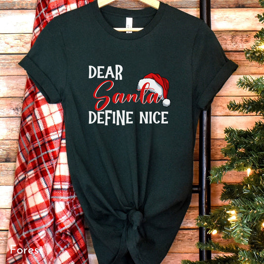 Dear Santa Define Nice Shirt, Holiday Clothing, Womens Clothing, Funny Christmas Tee, Holiday Gift, Santa Shirt, Party Wear, Gift for Her