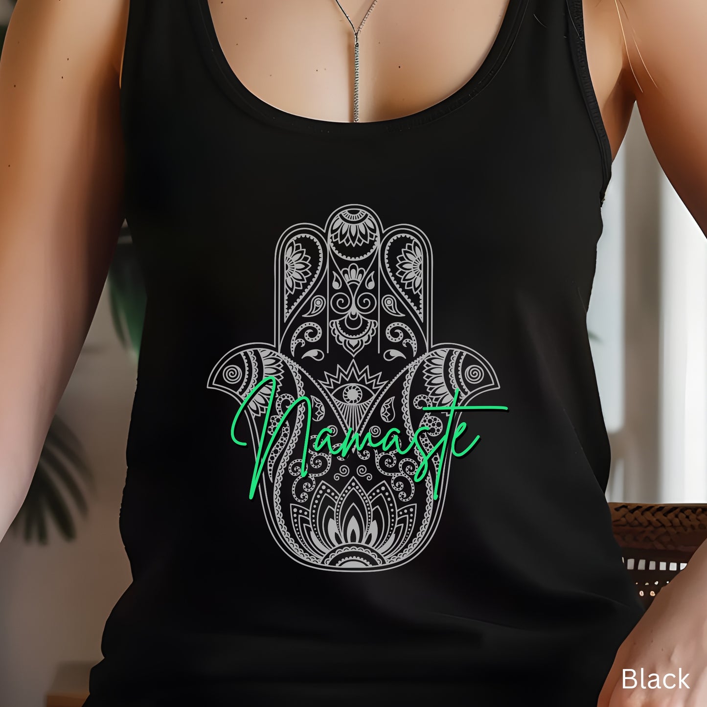 Namaste Hamsa Racerback, Racerback Tank Top, Casual Wear, Fun Yoga Tank, Womens Tank, Gifts for Her, Gifts for Yoga Lovers, Spiritual Wear