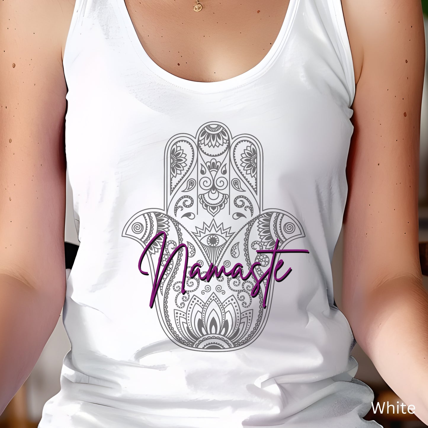 Namaste Hamsa Racerback, Racerback Tank Top, Casual Wear, Fun Yoga Tank, Womens Tank, Gifts for Her, Gifts for Yoga Lovers, Spiritual Wear