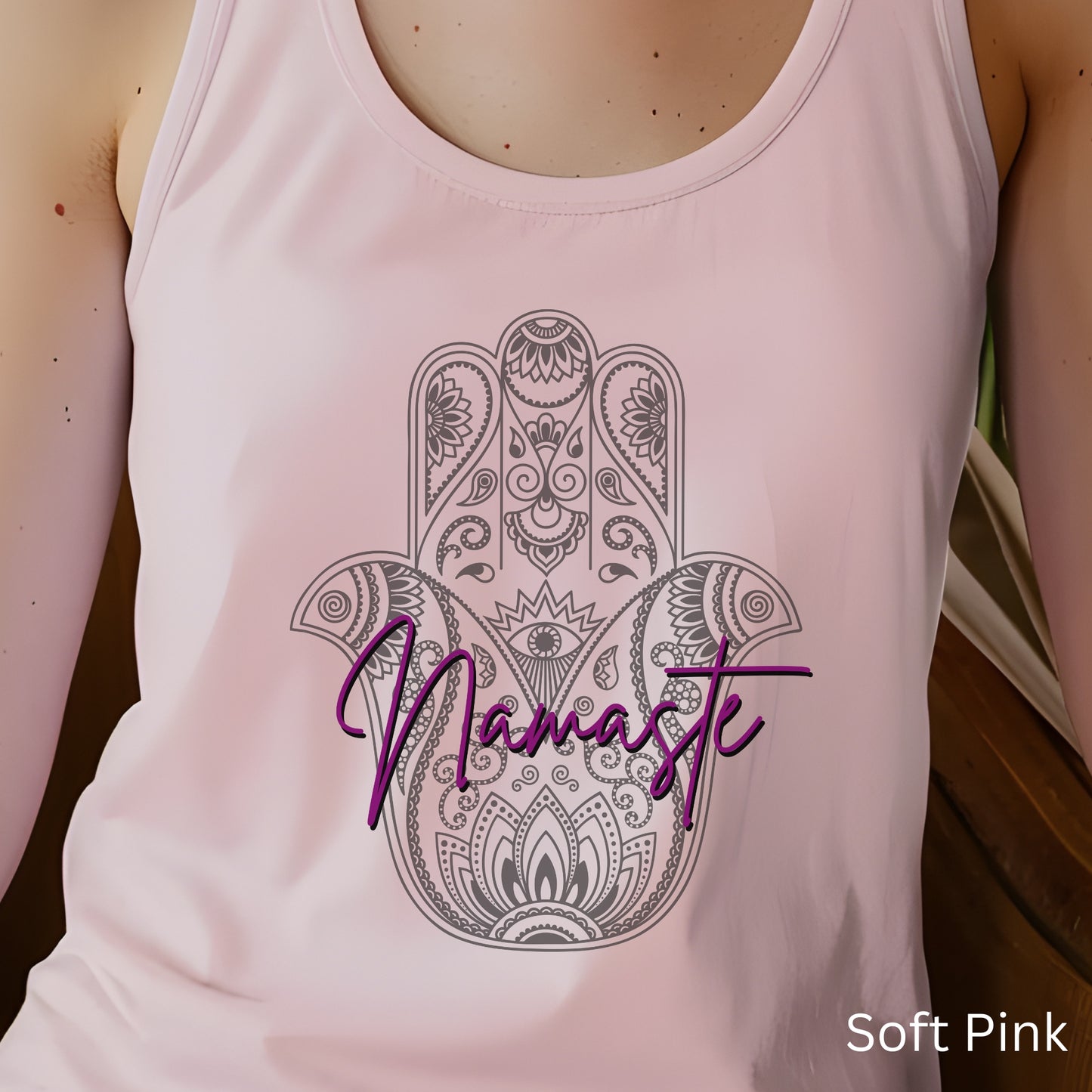 Namaste Hamsa Racerback, Racerback Tank Top, Casual Wear, Fun Yoga Tank, Womens Tank, Gifts for Her, Gifts for Yoga Lovers, Spiritual Wear